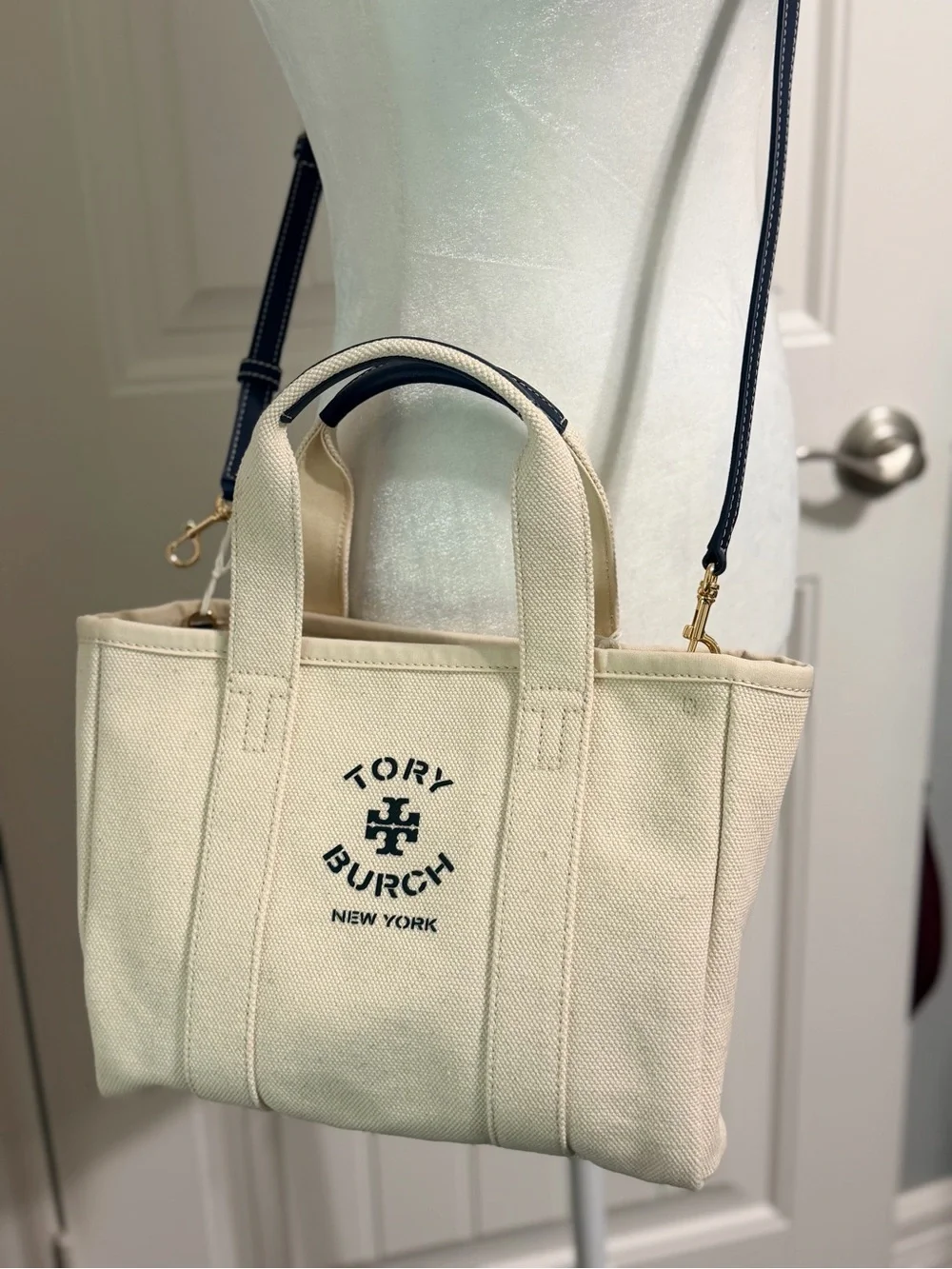 Tory Burch Cream/Navy Canvas Tote with  Leather Strap